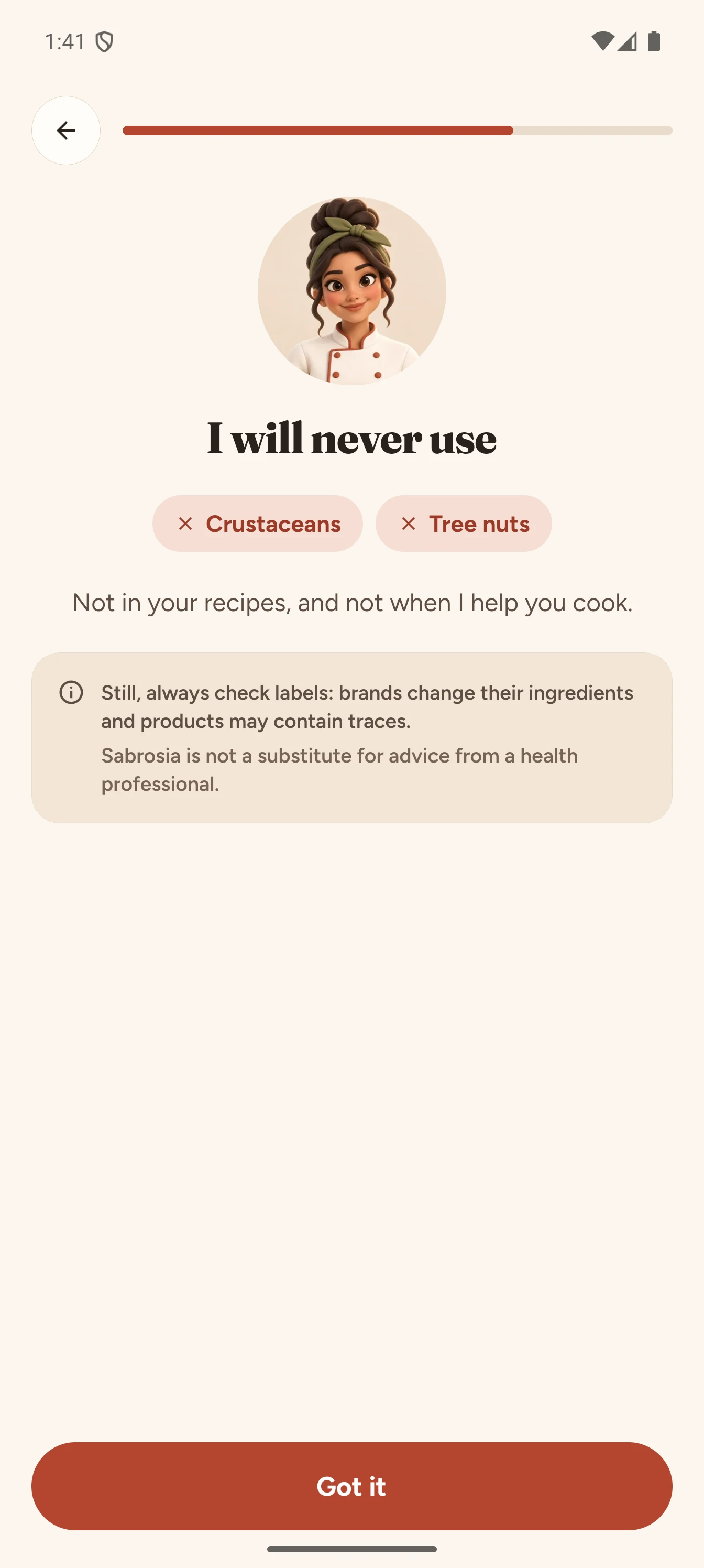“I will never use” screen with the person’s allergies