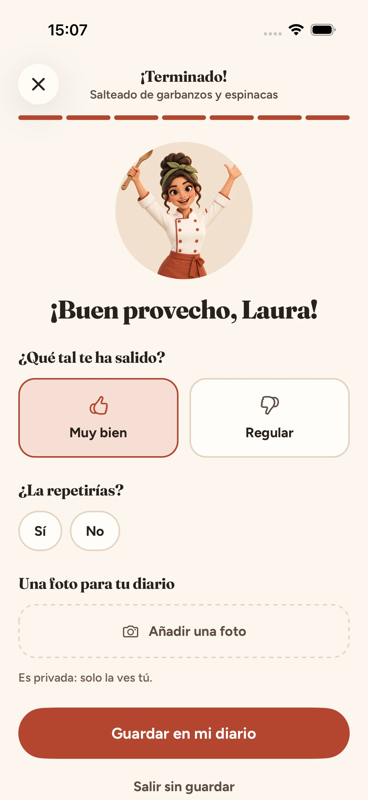 Final de la receta: valoración y foto para el diario
