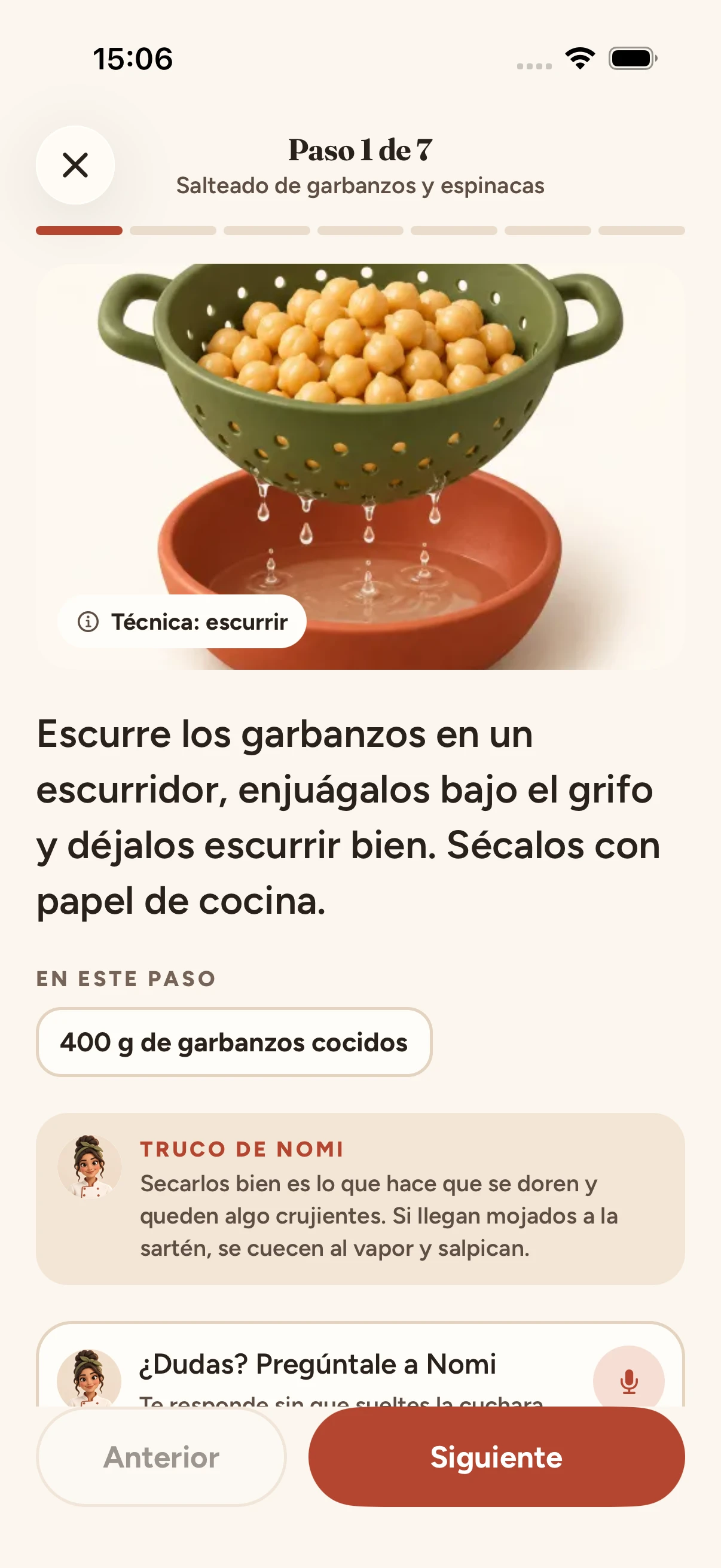 Modo cocina: paso 1 de 7 con su ilustración de técnica