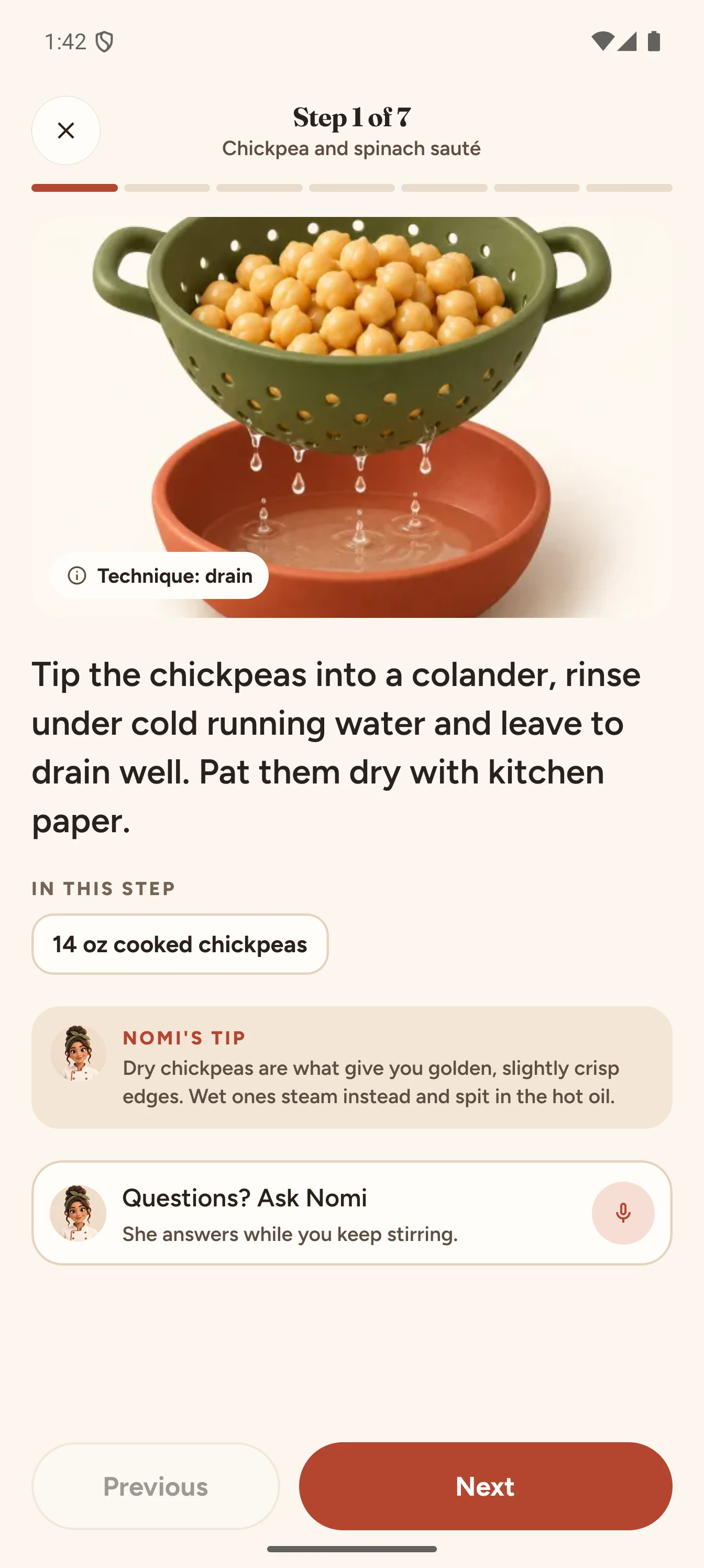Cooking mode: step 1 of 7 with its technique illustration
