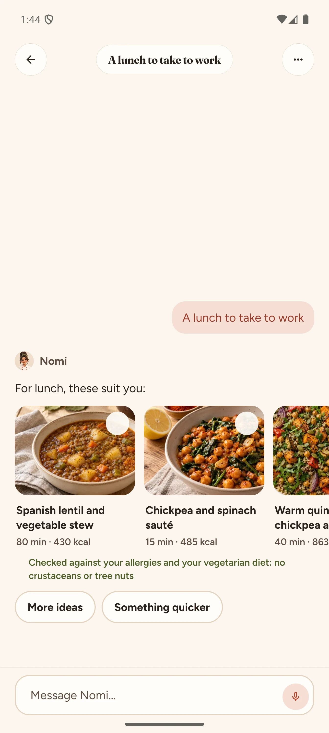 A chat with Nomi suggesting recipes to take to work