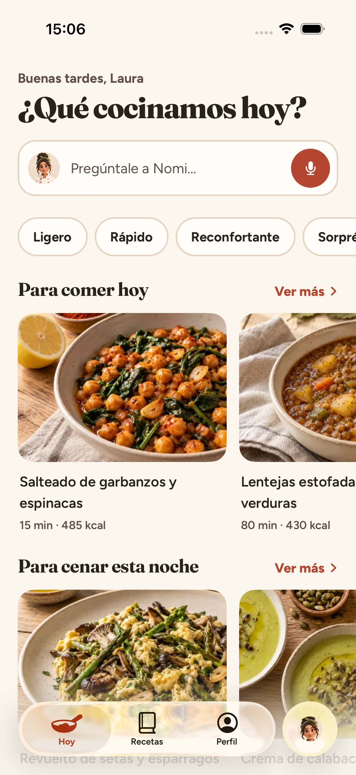 Pantalla Hoy con propuestas para comer y para cenar