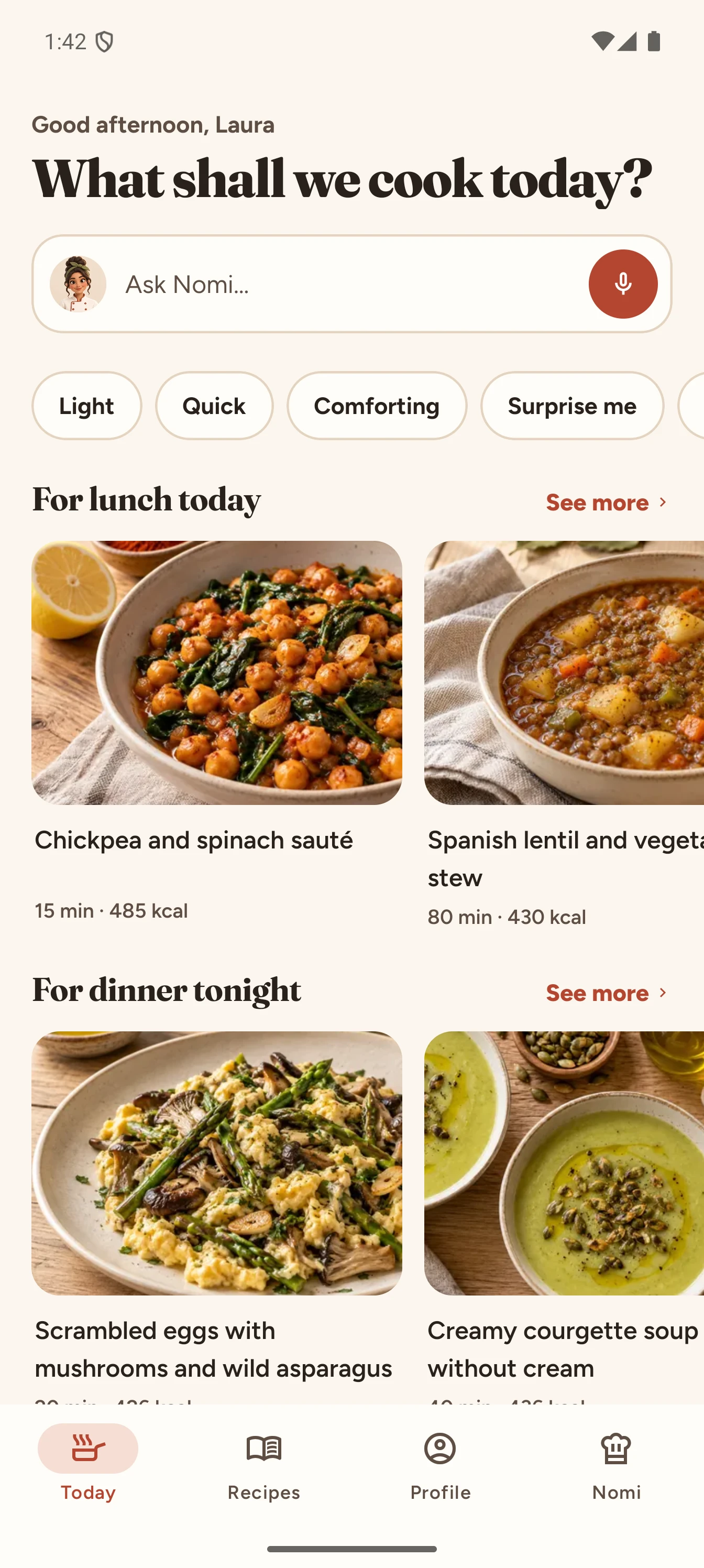 Sabrosia's Today screen with ideas for lunch and dinner